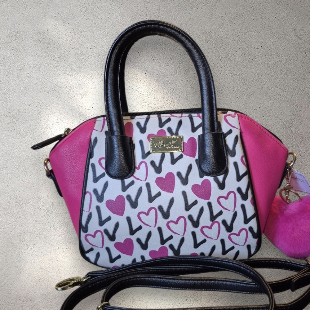 Betsey Johnson "Luv Betsey" Pink and Black Love Satchel EUC